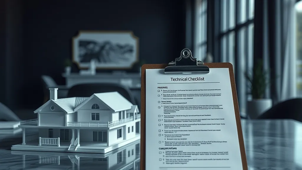 A detailed technical checklist on a clipboard next to a arch