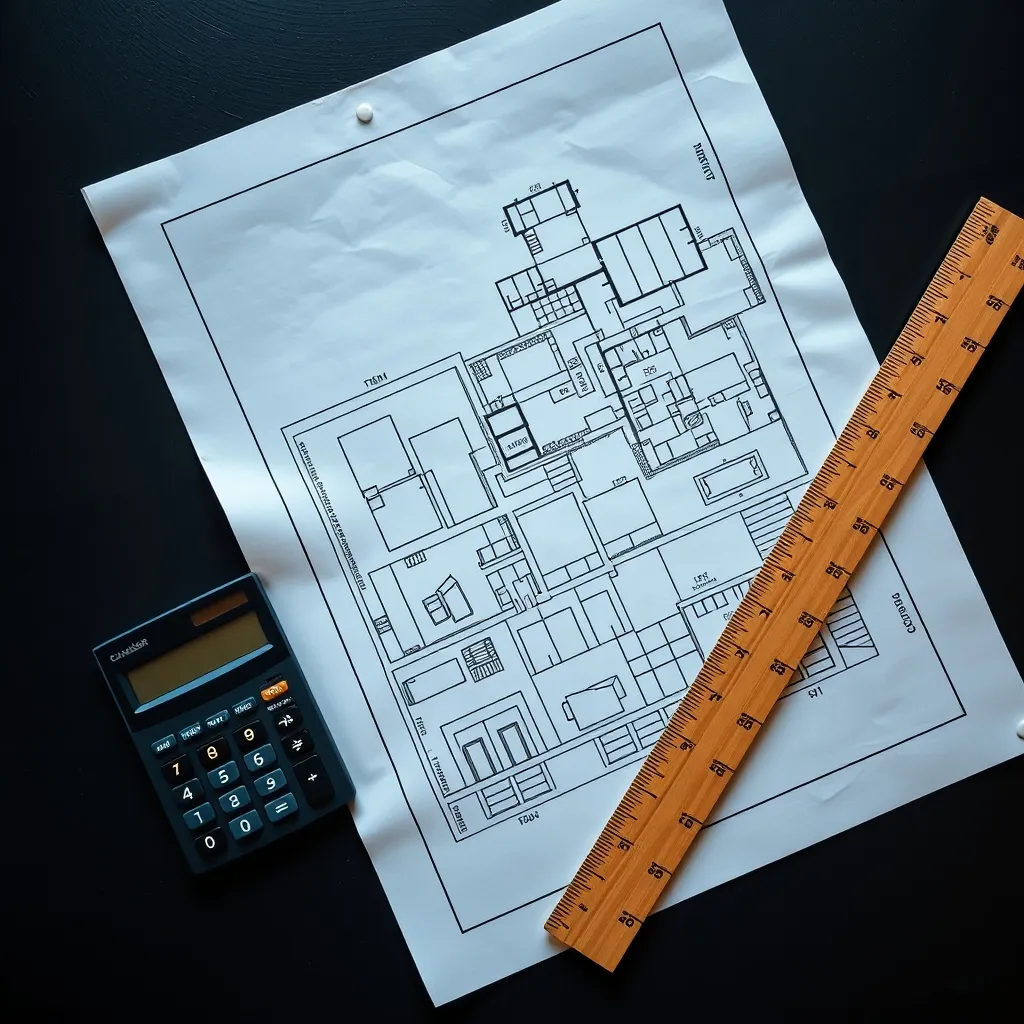 A professional overhead shot of architectural blueprints, a