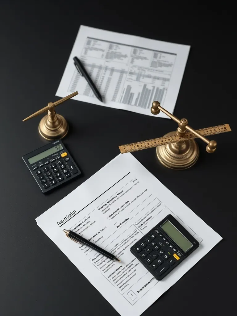 Professional financial documents, a calculator, and architec