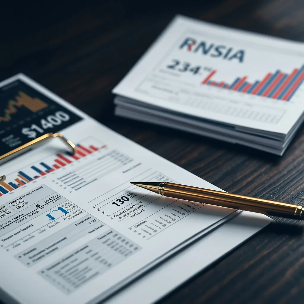 A professional financial ledger with a gold pen on a dark wo