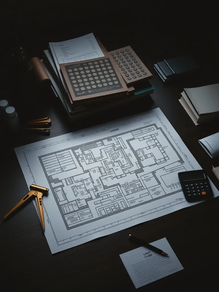 A high-angle architectural blueprint on a dark wooden desk w