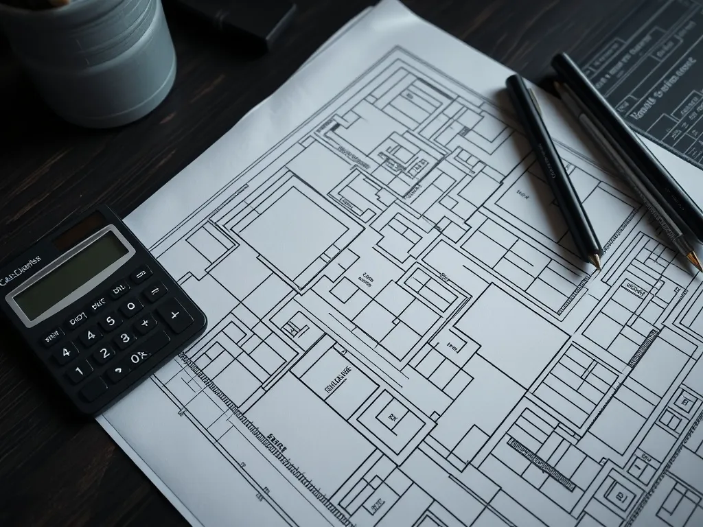 High-quality close-up of architectural blueprints next to a