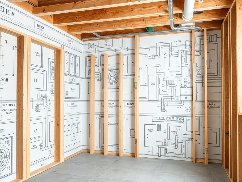 An architectural blueprint and partially finished basement s